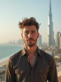 man in Dubai with skyline in background