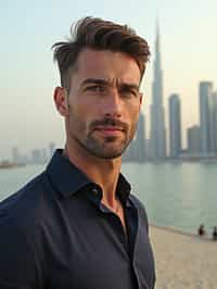 man in Dubai with skyline in background