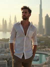 man in Dubai with skyline in background