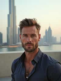 man in Dubai with skyline in background