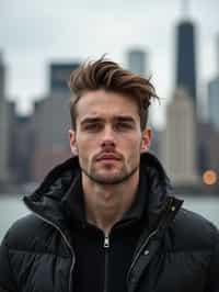 man in New York City with Manhattan in background