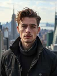 man in New York City with Manhattan in background