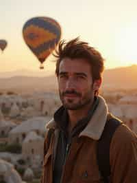 Breathtakingly man with hot air balloons in the background in cappadocia, Türkiye. Cappadocia, Turkey