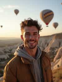 Breathtakingly man with hot air balloons in the background in cappadocia, Türkiye. Cappadocia, Turkey