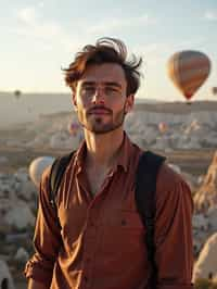 Breathtakingly man with hot air balloons in the background in cappadocia, Türkiye. Cappadocia, Turkey