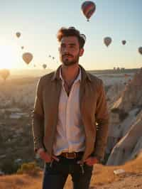 Breathtakingly man with hot air balloons in the background in cappadocia, Türkiye. Cappadocia, Turkey