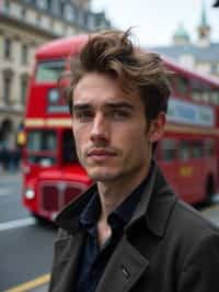 man in London with Double Decker Bus in background