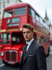 man in London with Double Decker Bus in background