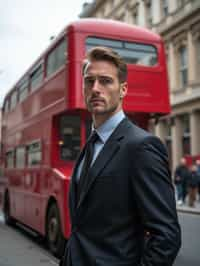 man in London with Double Decker Bus in background