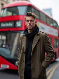 man in London with Double Decker Bus in background