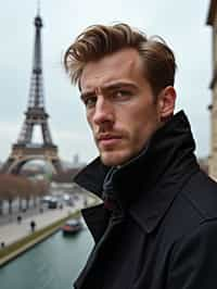 man in Paris with the Eiffel Tower in background