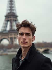 man in Paris with the Eiffel Tower in background