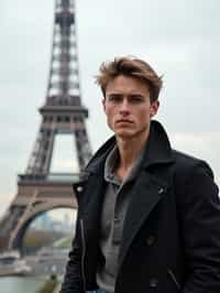 man in Paris with the Eiffel Tower in background