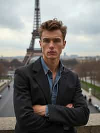 man in Paris with the Eiffel Tower in background