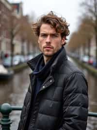 man in Amsterdam with the Amsterdam Canals in background