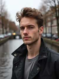 man in Amsterdam with the Amsterdam Canals in background