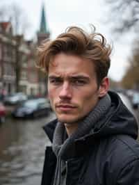 man in Amsterdam with the Amsterdam Canals in background