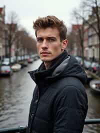 man in Amsterdam with the Amsterdam Canals in background