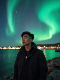 man in Reykjavik with the Northern Lights in the background