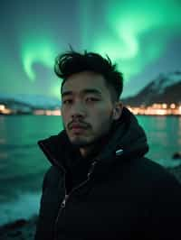 man in Reykjavik with the Northern Lights in the background