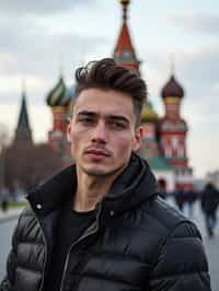 man in Moscow with the Kremlin in the background