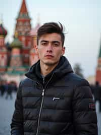 man in Moscow with the Kremlin in the background