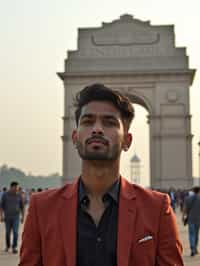 man in Delhi with the India Gate in the background