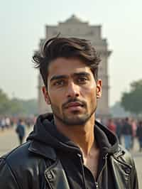 man in Delhi with the India Gate in the background