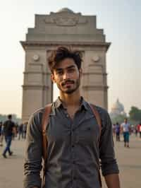 man in Delhi with the India Gate in the background