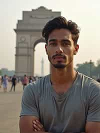 man in Delhi with the India Gate in the background