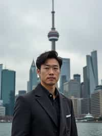 man in Toronto with the CN Tower in the background