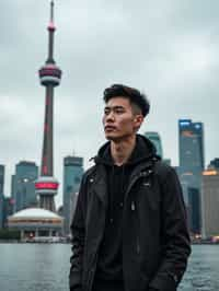 man in Toronto with the CN Tower in the background