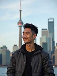 man in Toronto with the CN Tower in the background