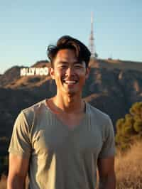 man in Los Angeles with the Hollywood sign in the background