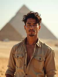 man in Cairo with the Pyramids of Giza in the background