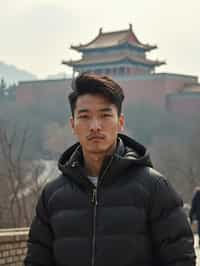 man in Beijing with the Great Wall in the background