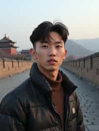 man in Beijing with the Great Wall in the background