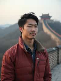 man in Beijing with the Great Wall in the background