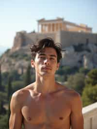 man in Athens with the Acropolis in the background