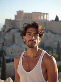 man in Athens with the Acropolis in the background