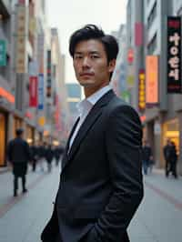 man in Seoul in Gangnam in Cheongdamdong Luxury Shopping street. stores visible in background