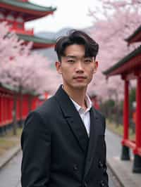 man in Japan with Japanese Cherry Blossom Trees and Japanese temples in background