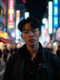 man in Tokyo at night with neon lights