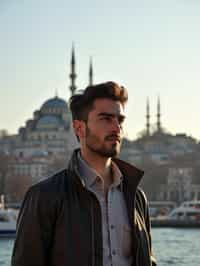 man in Istanbul with The Mosque in background