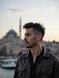 man in Istanbul with The Mosque in background