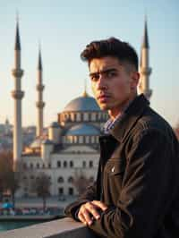 man in Istanbul with The Mosque in background