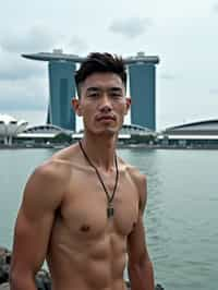 man in Singapore with Marina Bay Sands in background