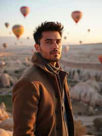 Breathtakingly man with hot air balloons in the background in cappadocia, Türkiye. Cappadocia, Turkey