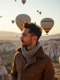 Breathtakingly man with hot air balloons in the background in cappadocia, Türkiye. Cappadocia, Turkey