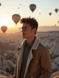 Breathtakingly man with hot air balloons in the background in cappadocia, Türkiye. Cappadocia, Turkey